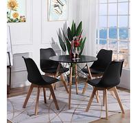 H.J WeDoo Conjuntos de Muebles de Comedor, Ronda Mesa de Comedor en Negro con 4 Moderno Escandinavo Negro Sillas