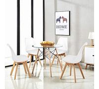 H.J WeDoo Grupo de comedor Mesa de cristal moderna redonda mesa de comedor con 4 tulipán blanco silla tapizada adecuada para comedor cocina sala de estar