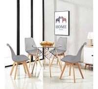 H.J WeDoo Grupo de comedor Mesa de cristal moderna redonda mesa de comedor con 4 tulipán gris silla tapizada adecuada para comedor cocina sala de estar