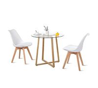 H.J WeDoo Juego de comedor con 2 sillas, mesa de comedor redonda de cristal y 2 sillas de estilo nórdico para balcón, comedor y sala de estar, color blanco