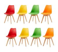 H.J WeDoo Pack 8 Sillas de Comedor Nórdico,Silla Cocina de Haya con Asiento Tapizado y Respaldo Ergonómico,2Gelb+2Rot+2Grün+2Orange