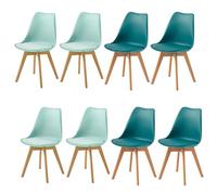 H.J WeDoo Pack 8 Sillas de Comedor Nórdico, Silla Cocina de Haya con Asiento Tapizado y Respaldo Ergonómico,4Verde Menta+4Turquesa