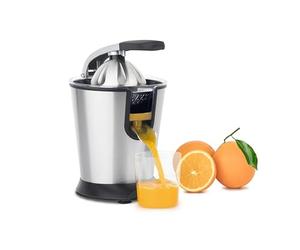 H.Koenig AGR80 - Exprimidor eléctrico de naranjas profesional de 160 W, palanca y filtro de acero inoxidable, sistema antigoteo, sin BPA, piezas aptas para lavavajillas