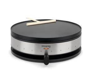 H.Koenig Crepera eléctrica KREP29, Crepera de acero inoxidable, Crepera, Crepes Party, Plancha antiadherente 33 cm, Sobremesa, Termostato regulable, Dispensador de espátulas incluido