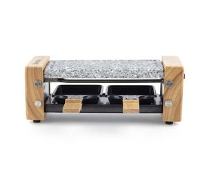 H.Koenig Raclette Duo Multifunción 2 personas WOD2 Diseño en madera natural, Piedra de granito extraíble, Fondue profesional de queso raclette, 2 sartenes antiadherentes, 2 espátulas de madera