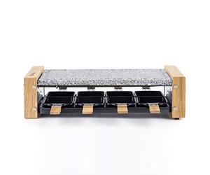 H.Koenig Raclette Multifunción 8 personas WOD8 Diseño en madera natural, Piedra de granito extraíble, Set profesional de fondue de queso raclette, 8 sartenes antiadherentes, 8 espátulas de madera