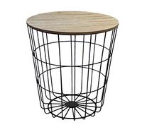 H&S Decorations Mesa Auxiliar Redonda de 40 x 43 cm, Cesta de Metal Negra con Placa de Madera extraíble, Cesta de Almacenamiento, Mesa de café, Mesa de salón