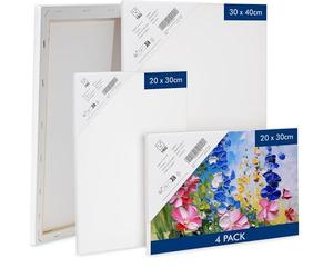 H&S Lienzos en Blanco para Pintar Acrilico y Óleo - Set de 4 - Lienzo Tela Blanca de Algodón en un Robusto Marco de Madera de Pino - Dos Marcos de 20x30cm y 30x40cm c/u