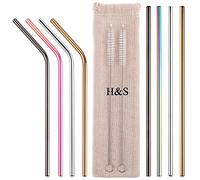 H&S Pajitas Reutilizables de Metal - Set 8x Pajitas Acero inoxidable de Colores - Con 2x Cepillo Limpieza con Bolsa para Almacenar - 8x Pajita Metálica