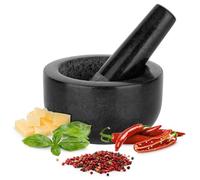 H&S Set de Mortero - Mortero Cocina de Piedra Maciza de Granito Negro para Machacar y Triturar Especias - Set Molcajete Grande de Cocina para Moler - Mortero Piedra Negra