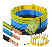 H07V-K - Cable de cableado (6 mm², 5 m, 2 m, color azul y verde y amarillo, con 40 casquillos), fabricado en Alemania