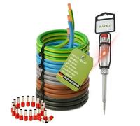 H07V-K - Cable de cableado de 10 mm², 5 x 2 m, cable individual, negro, azul, marrón, gris, verde y amarillo con 20 terminales y comprobador de tensión