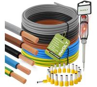 H07V-K - Cable de cableado de 6 mm² (5 x 10 m), color negro, azul, marrón, gris, verde y amarillo con 20 terminales y comprobador de tensión