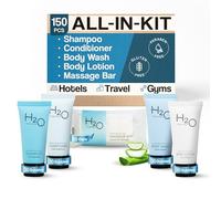 H2O Therapy Juego de jabones y artículos de tocador de hotel a granel | 1 tienda todo en kit para hoteles y Airbnb | Champú y acondicionador de hotel de 0.85 onzas, gel de baño, loción corporal y