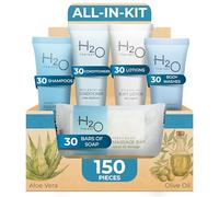 H2O Therapy Juego de jabones y artículos de tocador de hotel a granel | 1 tienda todo en kit para hoteles y Airbnb | Champú y acondicionador de hotel de 0.85 onzas, gel de baño, loción corporal y