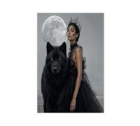H3B8U2Y5 Mujer con lobo negro Cuadro en Lienzo, luna llena Arte Mural
