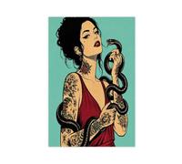 H3B8U2Y5 Mujer Tatuada con Serpiente Cuadro en Lienzo, vestido rojo