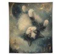 H3B8U2Y5 Upside Down Gato Luz de Luna Tapiz de Pared, Expressive Eyes