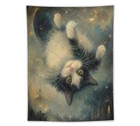 H3B8U2Y5 Upside Down Gato Luz de Luna Tapiz de Pared, Ilustracion Realista