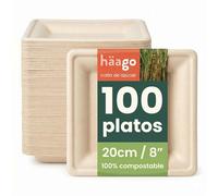 HAAGO 100 Platos Compostables de Caña de Azúcar, 20 cm / 8" Cuadrados - Platos de Cartón Resistentes, Anti-Grasa y a Prueba de Fugas - Biodegradables & Desechables para Fiestas, Navidad y Cumpleaños