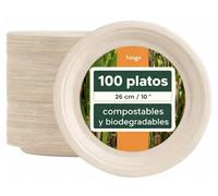 HAAGO 100 Platos Compostables de Caña de Azúcar, 26 cm / 10" - Platos de Cartón Resistentes, Anti-Grasa y a Prueba de Fugas - Biodegradables & Desechables para Fiestas, Navidad, Bodas & Cumpleaños