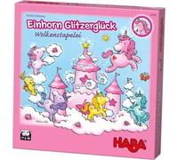HABA 304539 Unicornio Glitzerglück - Juego de apilamiento de Nubes con Unicornios y Nubes de Madera, Juego a Partir de 4 años