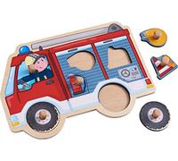 HABA 304594 - Puzzle de 6 Piezas de Madera con camión de Bomberos y Grandes Botones de Madera de fácil Agarre, Juguete de Madera a Partir de 12 Meses