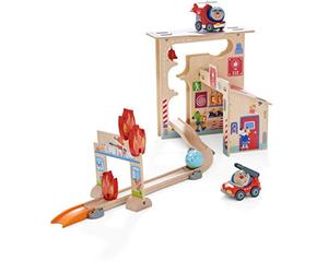 HABA 304847 - Kullerbü - Pista de bomberos, pista de bolas de madera con muchos efectos de juego, camión de bomberos y helicópteros de bomberos, juguete de motricidad a partir de 2 años
