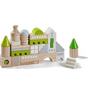HABA 305456 - Juego de construcción de Coburg, 28 Piezas para Construir telones de Ciudad, Bloques de Madera en Diferentes Formas y Colores, Juguete a Partir de 18 Meses