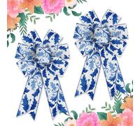 Habbiful 2 lazos de flores de primavera para corona, puerta delantera, lazos de corona de vacaciones de primavera, adornos de arpillera azul y blanco, lazos para decoración de árbol para primavera,