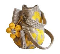 Habdtasche, Handgewäkelte Blumentasche, Blumentasche, Handmade Crochet Flower Tote, Handgemacht Crochet Bucket Bag für Damen, StrickHandtasche mit Blumenmuster & Quastenanhänger, amarillo