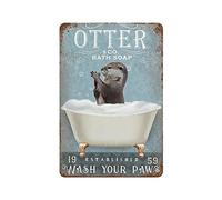 Habilboi Cartel de estaño vintage con diseño de nutria para baño, con texto en inglés "Bath Soap Wash Your Paws" - Placa decorativa de pared para baño, inodoro, hogar, póster de metal, 14 x 20 cm