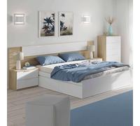 Habitación Matrimonio Completa Color Roble Y Blanco Estilo Nórdico (Cama + Cabecero + 2 Mesitas + Cómoda)