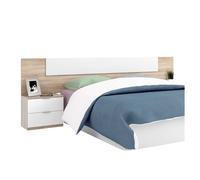 Habitación matrimonio completa color roble y blanco estilo nórdico (cama + cabecero + 2 mesitas + cómoda)