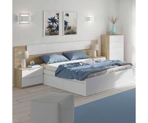 Habitación Matrimonio Completa Color Roble Y Blanco Estilo Nórdico (Cama + Cabecero + 2 Mesitas + Cómoda)