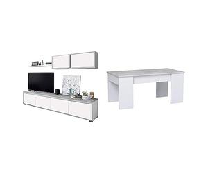 Habitdesign 016663L Mueble de salón Moderno, modulos Comedor Alida, Medidas: 43 cm de Altura x 200 cm de Ancho x 41 cm de Fondo (Blanco Artik y Gris Cemento) + Mesa de Centro Elevable