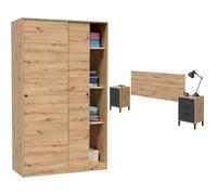 Habitdesign Armario Enzo Dormitorio Principal Habitación Juvenil 2 Puertas correderas Color Roble Nodi & Cabezal + 2 mesitas de Noche, Cabecero para Cama de Matrimonio, Modelo Enzo