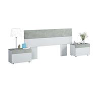 Habitdesign - Cabecero de Cama Matrimonio con 2 Mesitas, Cabezal de Matrimonio y Mesillas, Color Blanco Artik y Gris Cemento, 298x40x96,5 cm - Modelo Tekkan