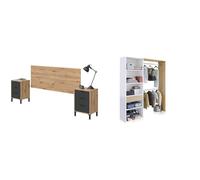 Habitdesign Cabezal + 2 mesitas de Noche, Cabecero para Cama de Matrimonio, Modelo Enzo & Armario Vestidor, Armario 2 Barras, 4 Baldas y 1 Cajón, Vestidor Reversible