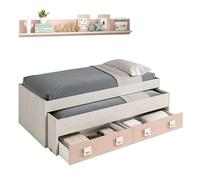 Habitdesign Cama Doble + 2 cajones y Estante, Modelo Nube, Acabado en Blanco Alpes y Rosa Pastel, Medidas: 199 cm (Largo) x 96 cm (Ancho) x 69 cm (Alto)