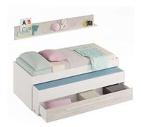 Habitdesign Cama Nido Juvenil, 2 Camas + Cajon + Estante, Cama Infantil, Acabado en Blanco Artik y Blanco Velho, Medidas: 199 cm (Largo) x 96 cm (Ancho) x 65 cm (Alto)