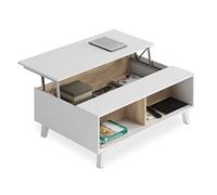 Habitdesign - Mesa de Centro Elevable para Salón o Comedor, Color Blanco Brillo y Roble Canadian, 100x68x38-48 cm - Modelo Zaiken Plus