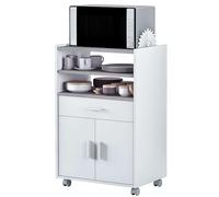 Habitdesign Mueble Auxiliar de Cocina con Ruedas, Mueble Microondas, Armario con 1 Cajón y 2 Puertas, Acabado en Blanco Artik y Cemento, Medidas: 59 cm (Ancho) x 92 cm (Alto) x 40 cm (Fondo)