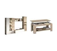 Habitdesign Mueble de Comedor con Leds, Mueble Salon, Modelo Essential + Mesa Centro con revistero, Mesa elevable, mesita Mueble Salon Comedor