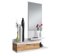 Habitdesign - Mueble Recibidor con Cajón, Espejo y 2 Baldas, Mueble de Entrada, Color Blanco Artik y Roble Nodi, 81x116x29 cm - Modelo Dahlia