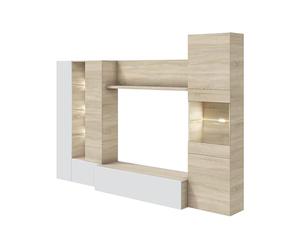 Habitdesign Salón Compacto 260, Mueble televisión, Modelo Essential, Acabado Roble Canadian y Blanco Brillo, Medidas: 185 cm (Alto) x 260 cm (Ancho) x 42 cm (Fondo)