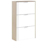 Habitdesign Zapatero 3 Puertas, Color Blanco Brillo y Roble Canadian | Zapatero Estrecho, , Medidas: 60 cm (Largo) x 113 cm (Alto) x 22 cm (Fondo)