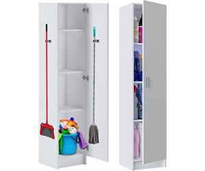 HABITMOBEL Armario 181 Suelo baño escobero despensero almacenaje Multiusos 1 Puerta Acabado Blanco 180cm 4 Colgadores escoberos Incluidos 181cm Alto