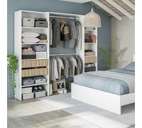 HABITMOBEL Vestidor Ropero Abierto con 3 cajones, 6 estantes y 2 Barras de Colgar - Acabado Blanco y Madera Natural Vertical veteada