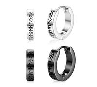 HABNI 1 Par De Aros Vikingos Nórdicos Para Hombre - Acero Inoxidable, Runas Futhark Antiguo (Negro Y Plateado)